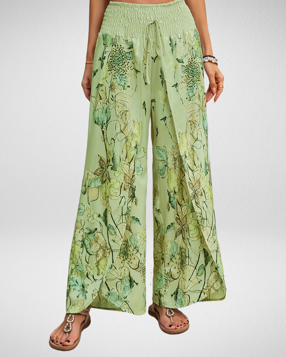 Airy Pants with Floral Print and Smocked Waist