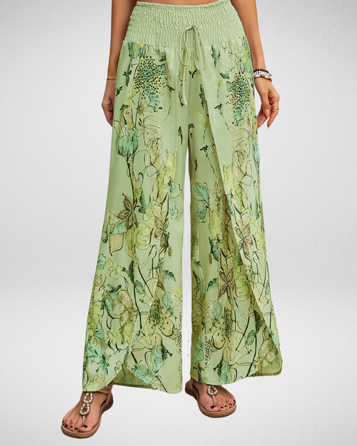 Airy Pants with Floral Print and Smocked Waist