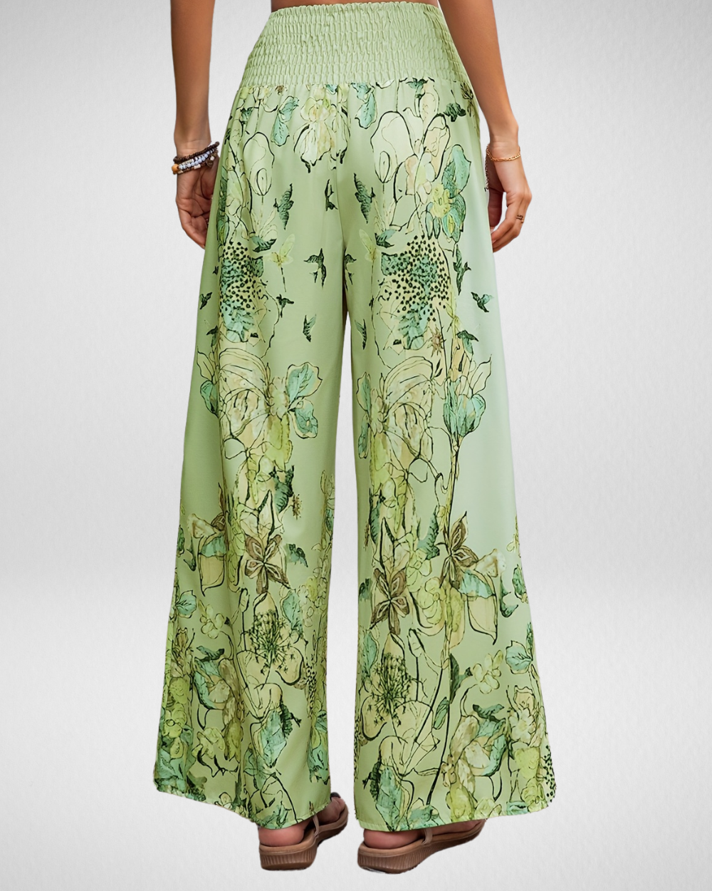 Airy Pants with Floral Print and Smocked Waist