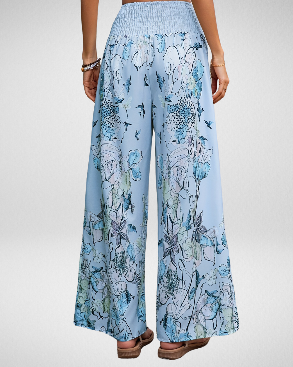 Airy Pants with Floral Print and Smocked Waist