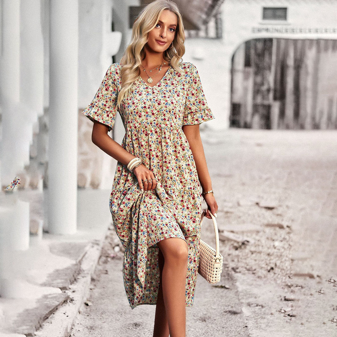 Women’s Spring Floral Midi Dress with Ruffle Sleeves