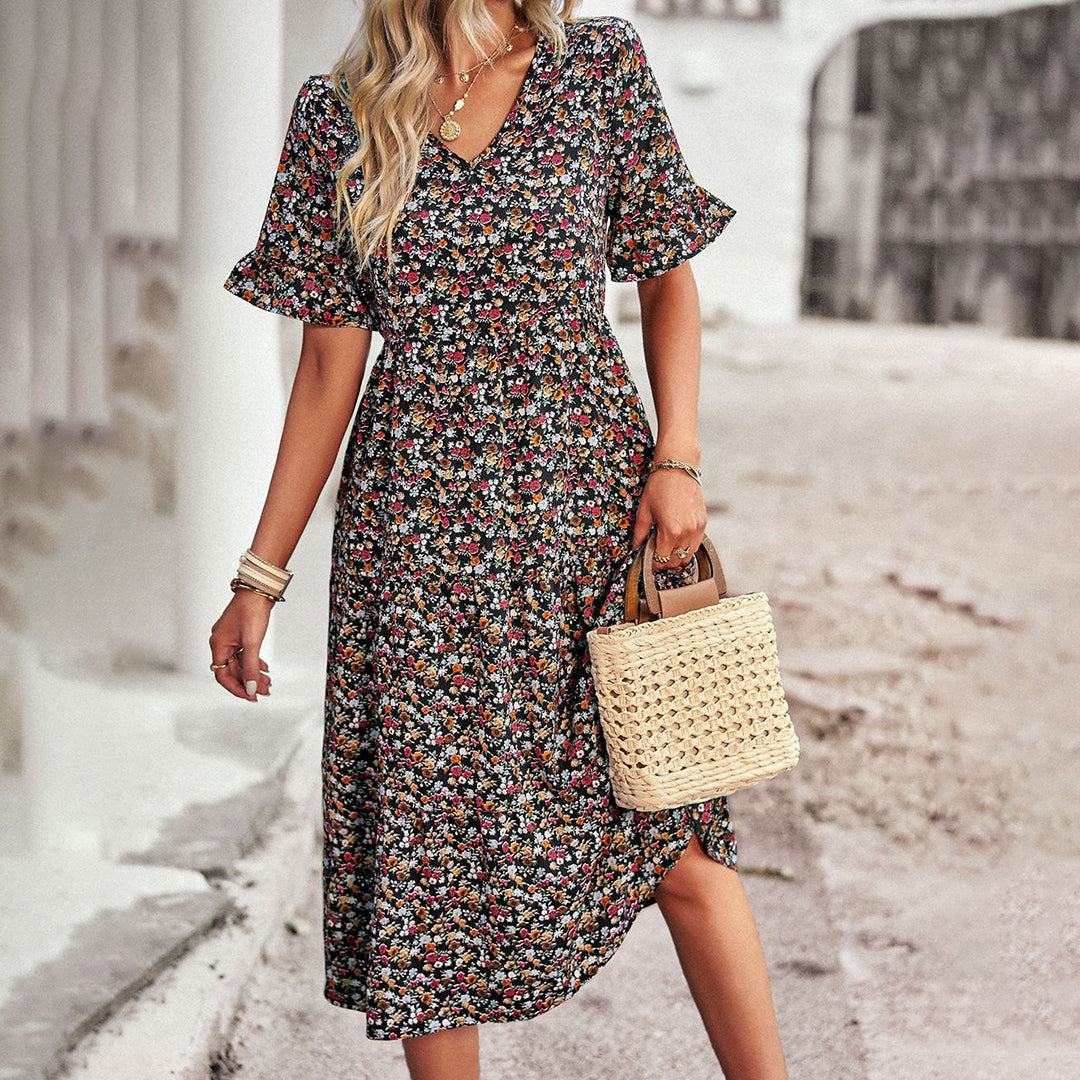 Women’s Spring Floral Midi Dress with Ruffle Sleeves
