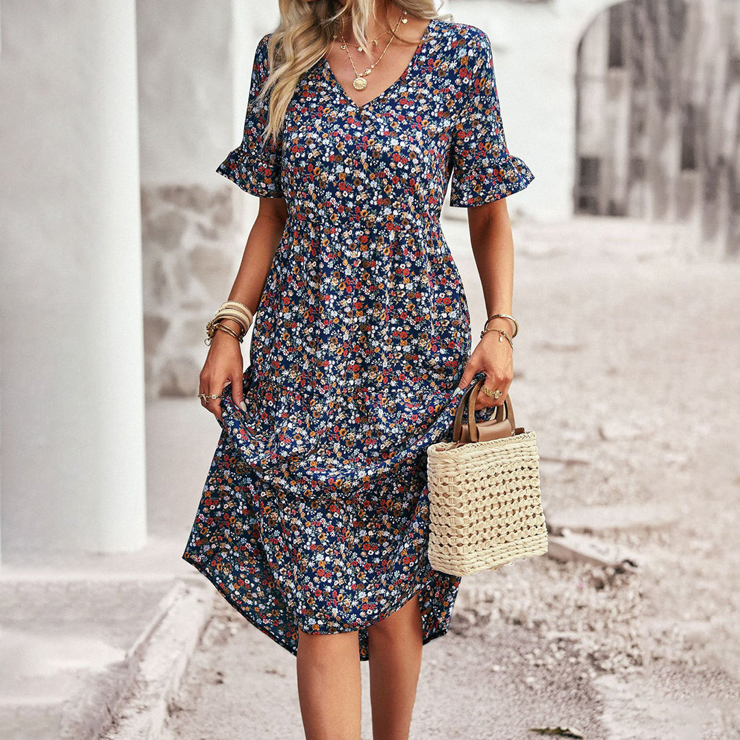 Women’s Spring Floral Midi Dress with Ruffle Sleeves