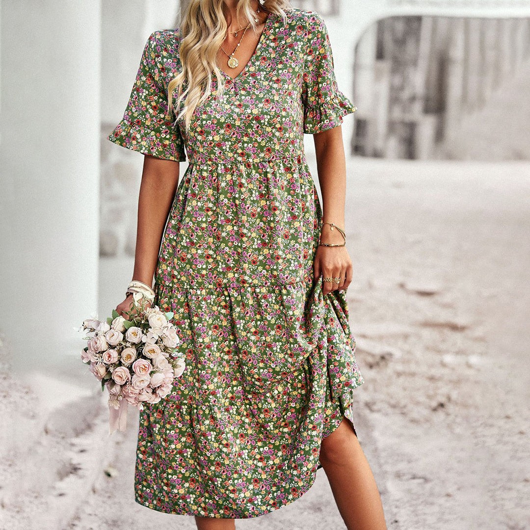 Women’s Spring Floral Midi Dress with Ruffle Sleeves