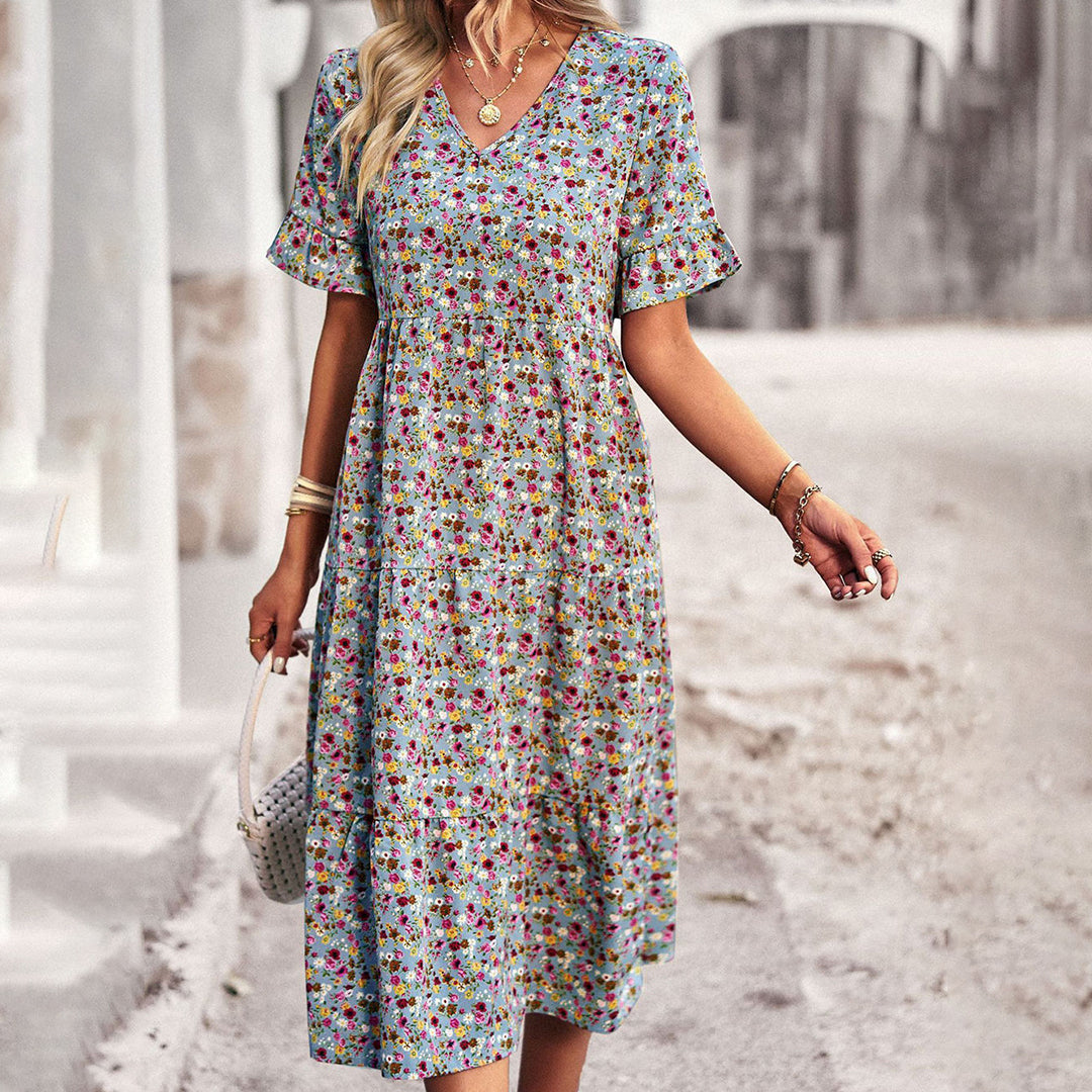 Women’s Spring Floral Midi Dress with Ruffle Sleeves