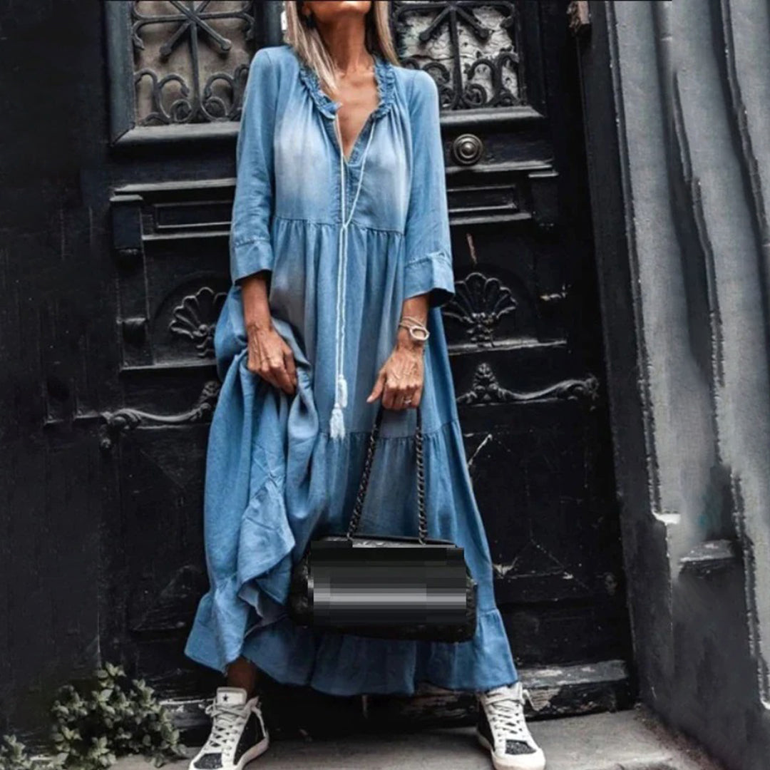 Women’s Casual Denim-Style Maxi Dress with Ruffle Collar