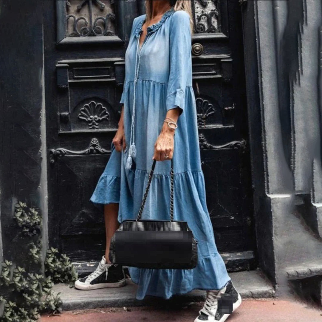 Women’s Casual Denim-Style Maxi Dress with Ruffle Collar