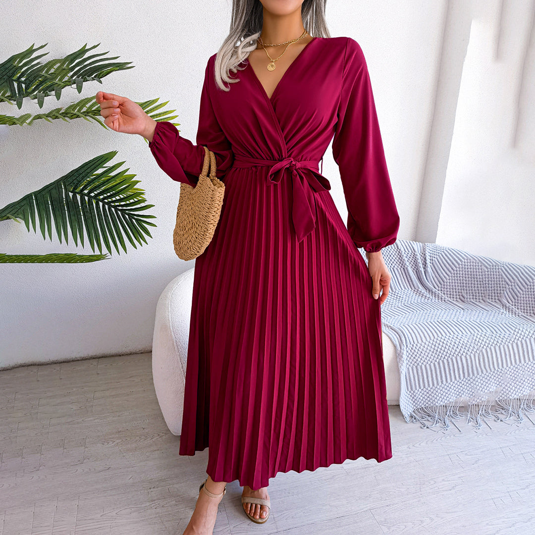 Women’s Elegant Pleated Wrap Midi Dress