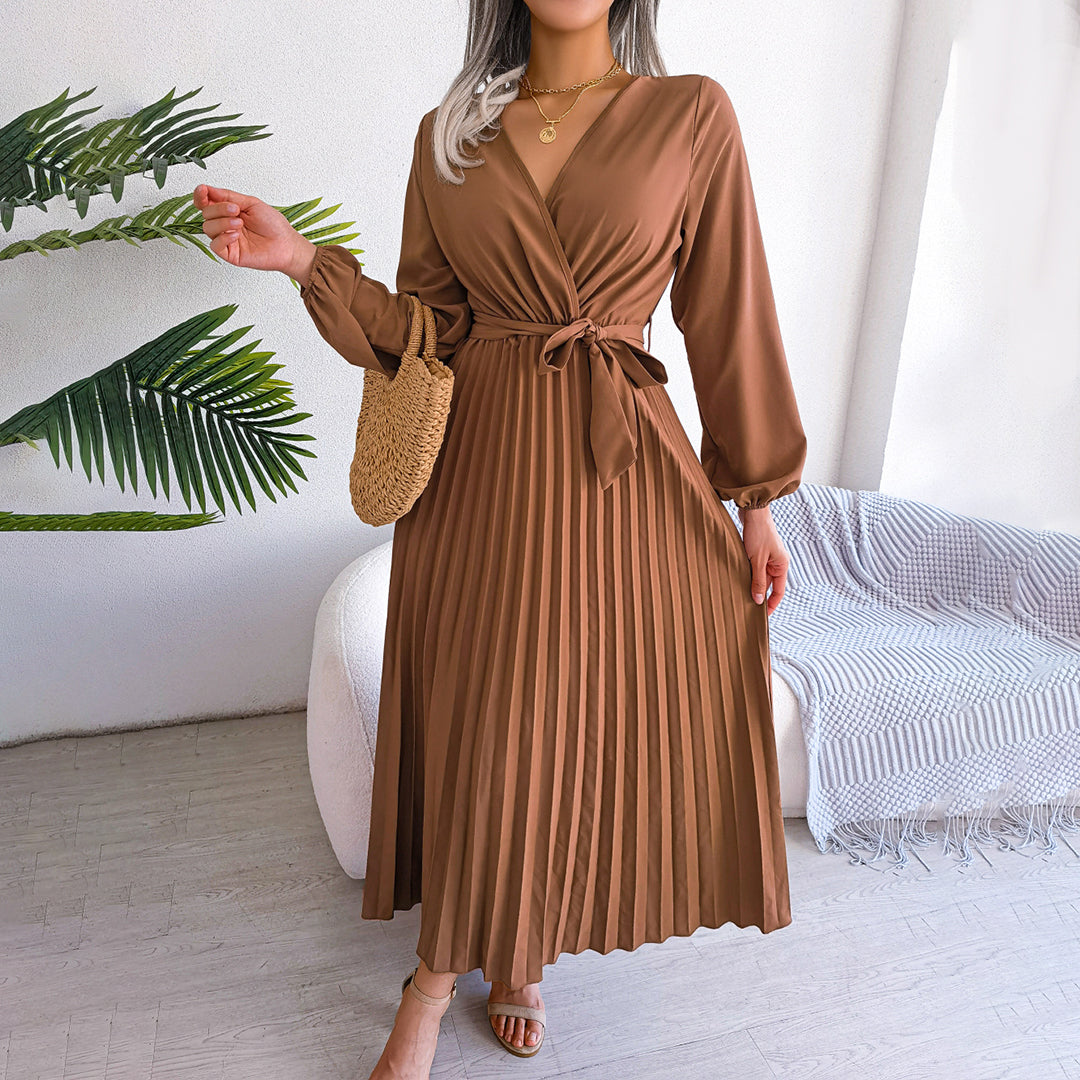 Women’s Elegant Pleated Wrap Midi Dress