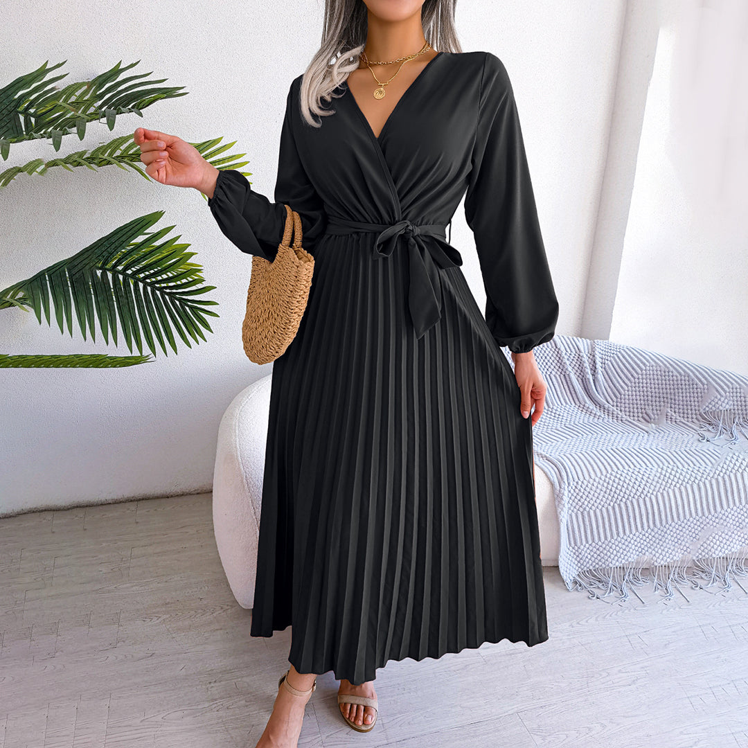 Women’s Elegant Pleated Wrap Midi Dress