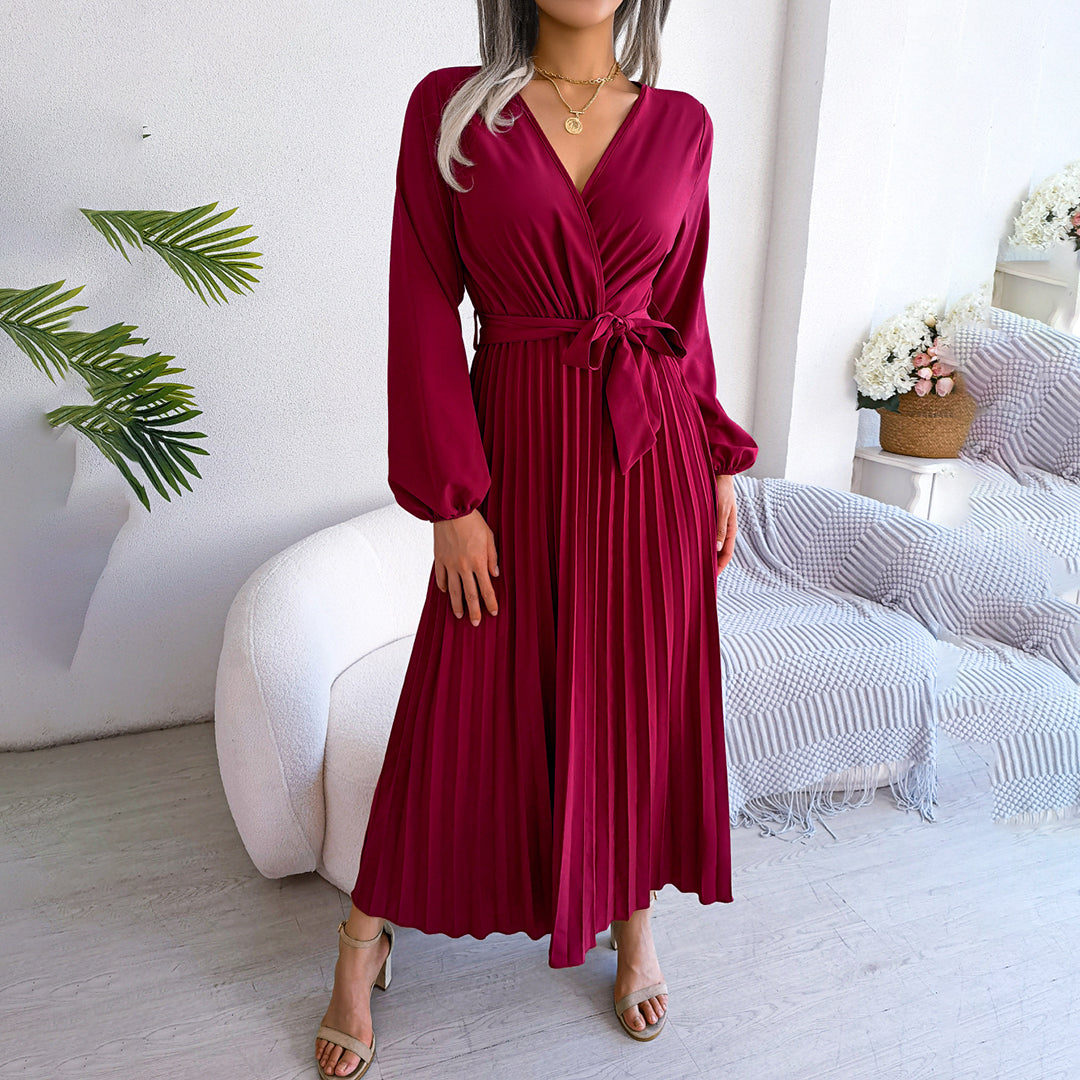 Women’s Elegant Pleated Wrap Midi Dress