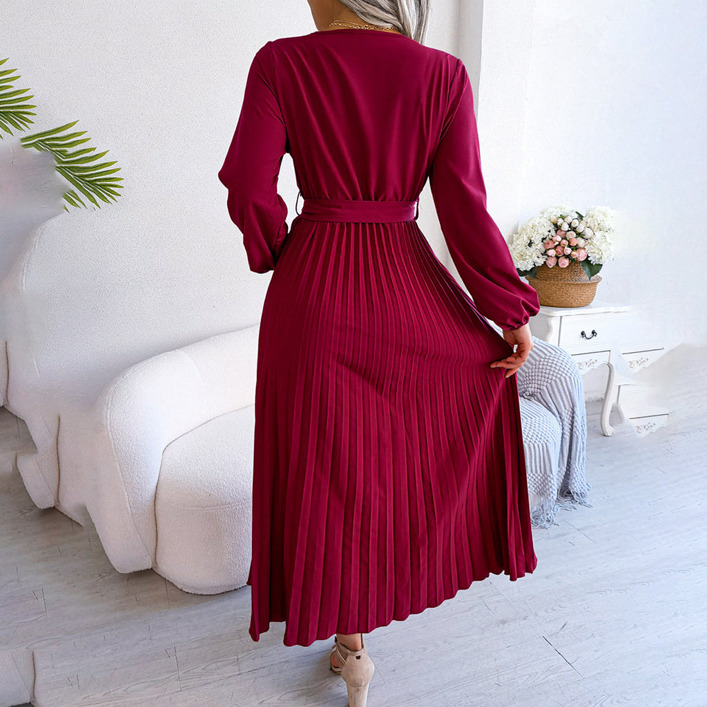 Women’s Elegant Pleated Wrap Midi Dress