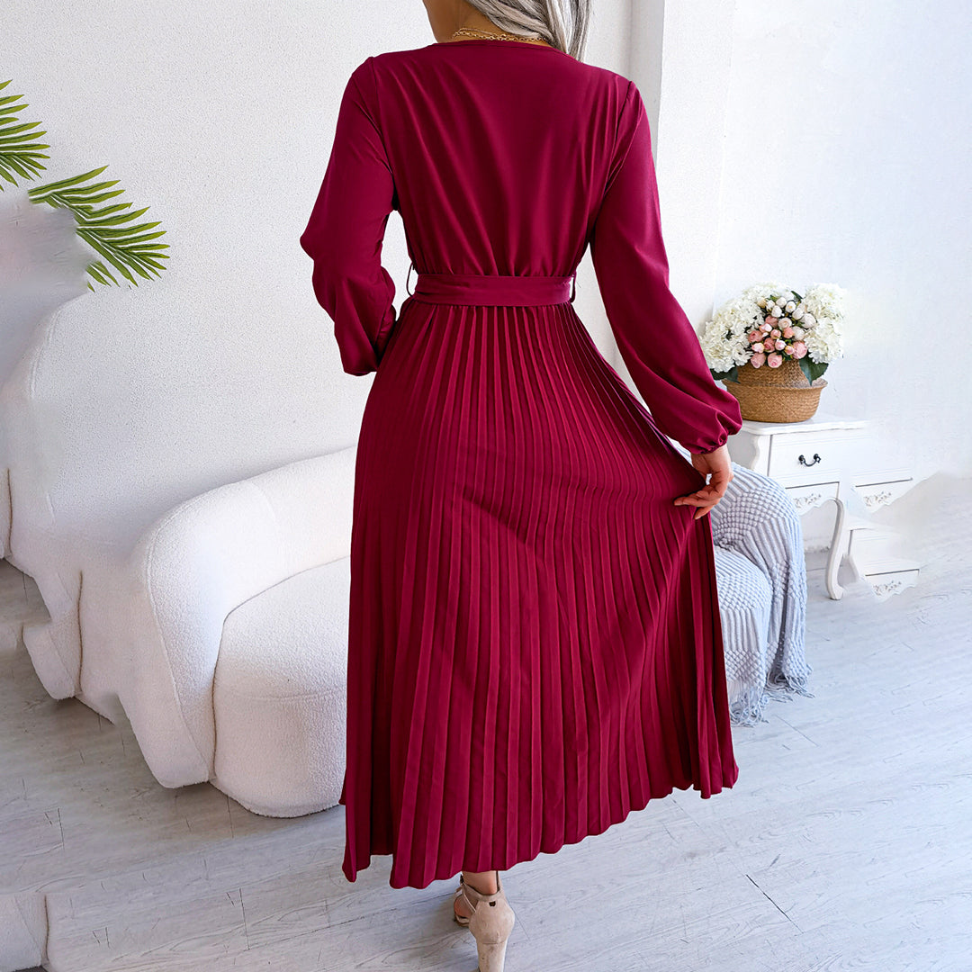 Women’s Elegant Pleated Wrap Midi Dress