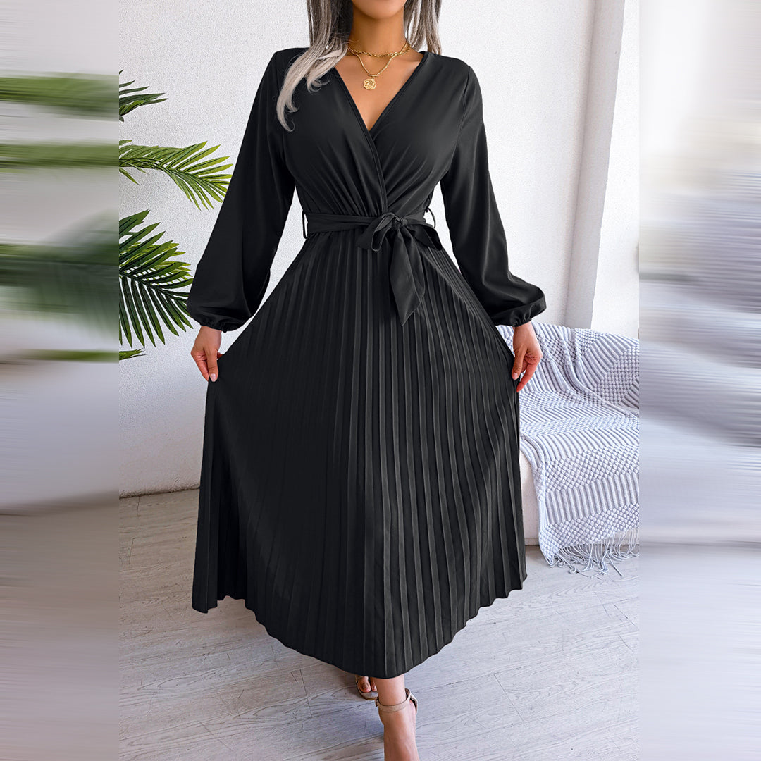 Women’s Elegant Pleated Wrap Midi Dress