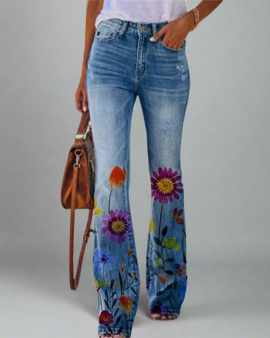 Women's Flared Jeans with Floral Print