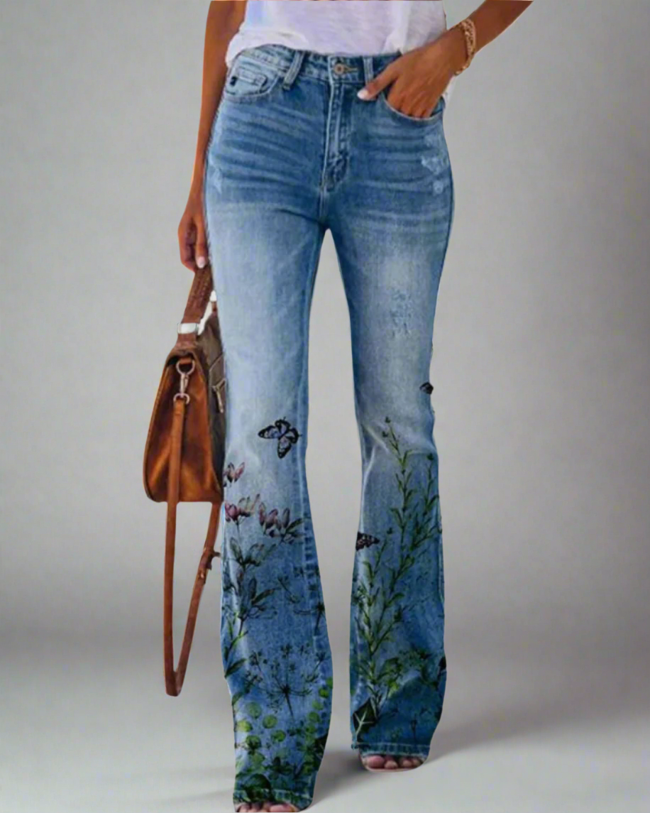 Women's Flared Jeans with Floral Print