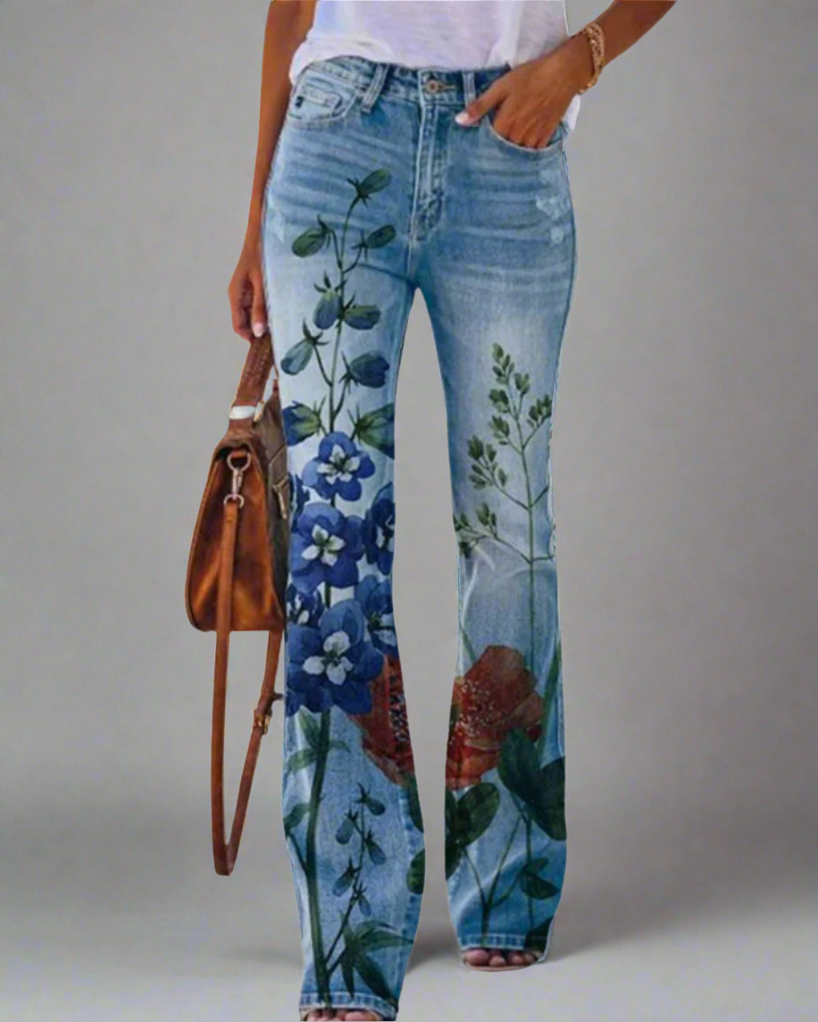 Women's Flared Jeans with Floral Print