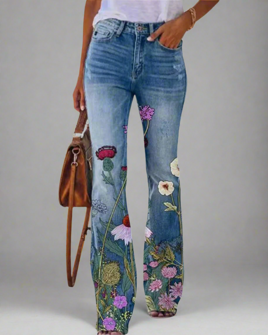 Women's Flared Jeans with Floral Print