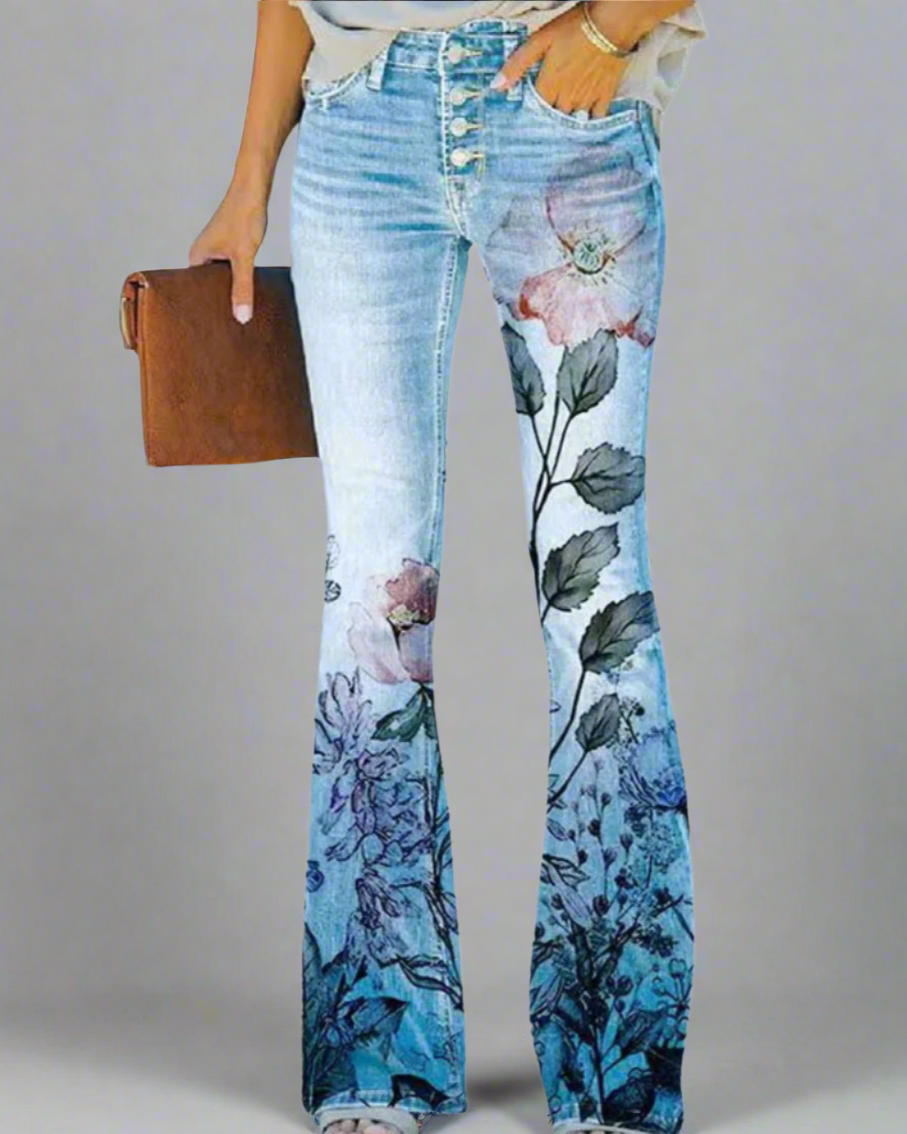 Women's Flared Jeans with Floral Print