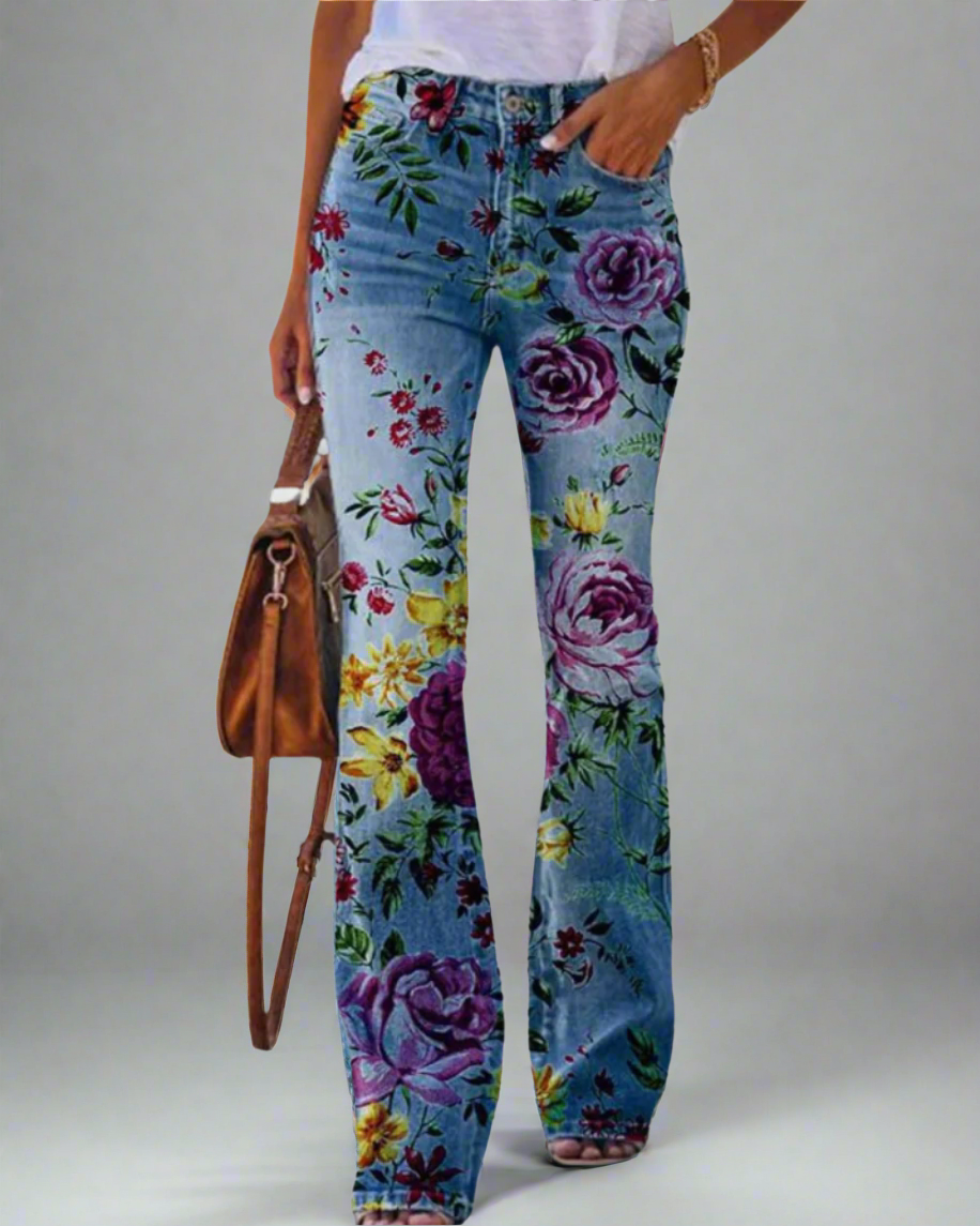 Women's Flared Jeans with Floral Print