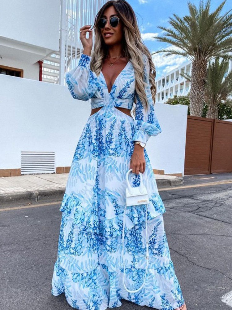 Women’s Boho Maxi Dress with Cut-Out Waist
