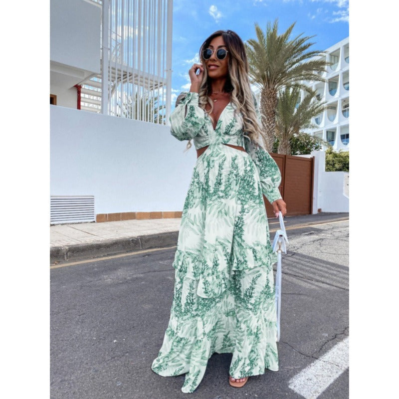 Women’s Boho Maxi Dress with Cut-Out Waist