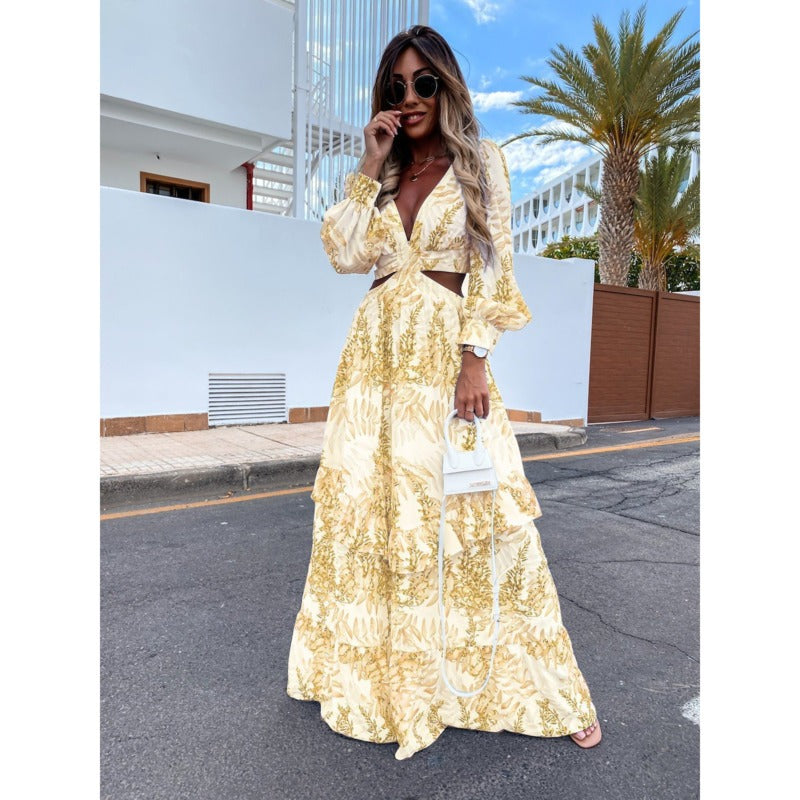 Women’s Boho Maxi Dress with Cut-Out Waist