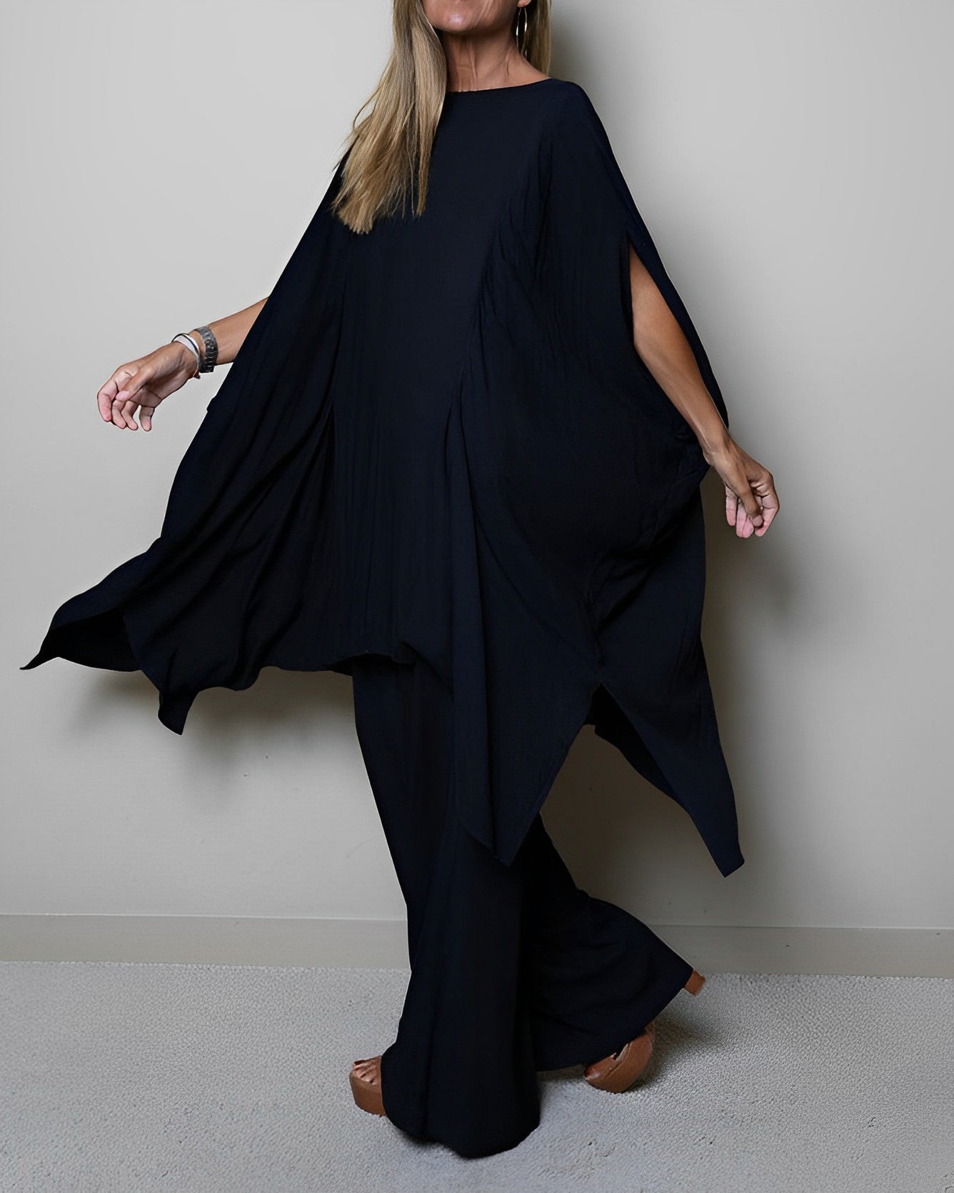 Women’s Elegant Cape Sleeve Two-Piece Set – Black