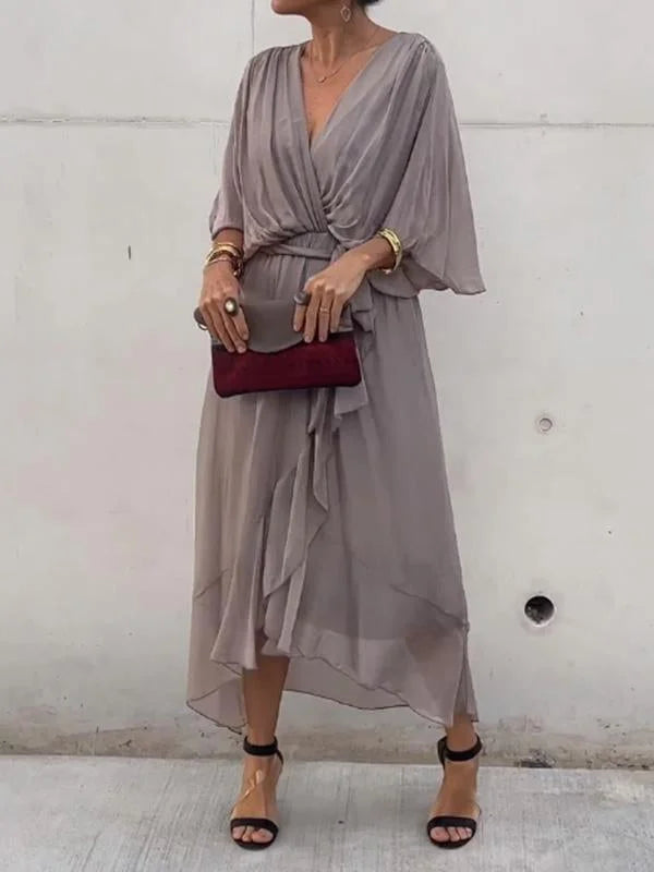 Women’s Chiffon V-Neck Belted Midi Dress