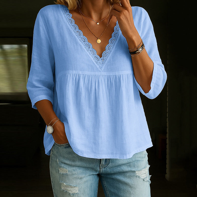 Women’s White V-Neck Blouse with Lace Trim
