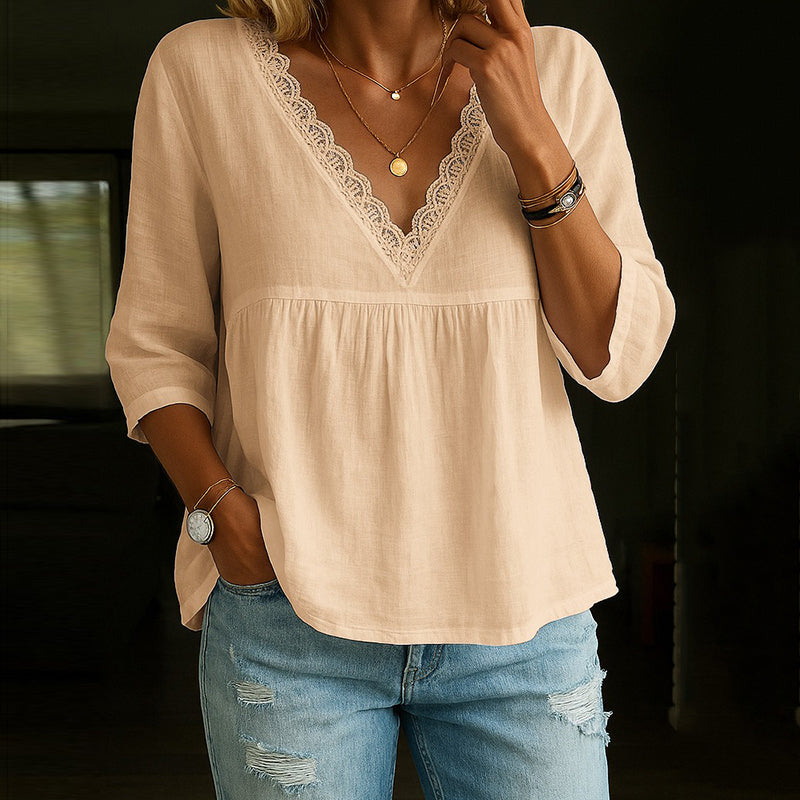 Women’s White V-Neck Blouse with Lace Trim