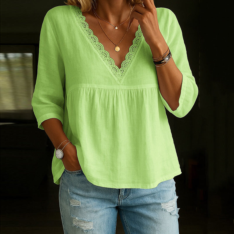 Women’s White V-Neck Blouse with Lace Trim