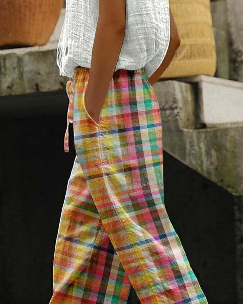 Women’s Casual Plaid Linen Pants