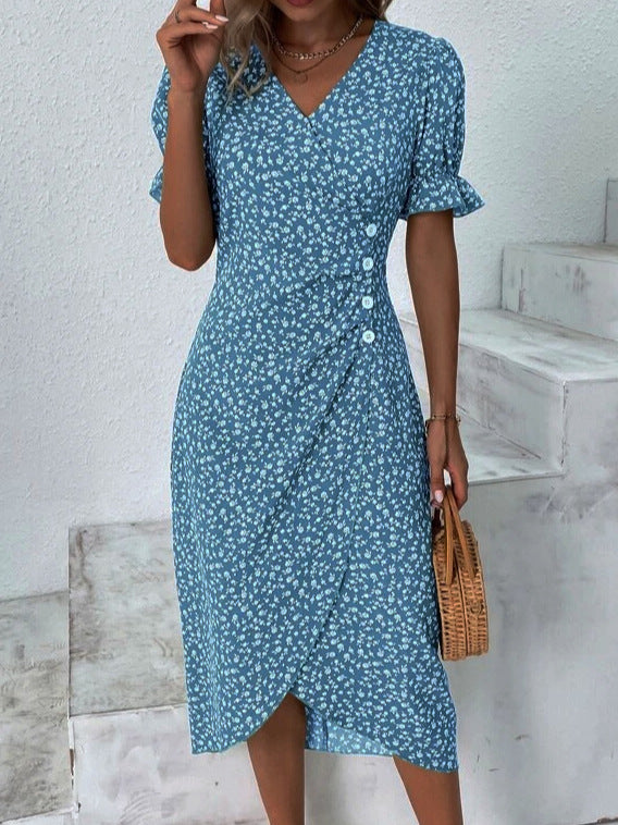 Women’s Fitted V-Neck Midi Dress with Button Detail
