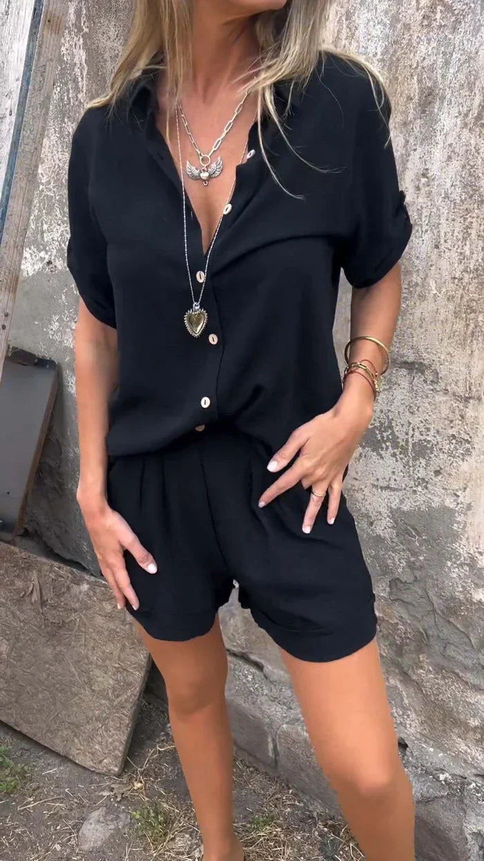 Women’s Casual Summer Set – Button-Front Shirt & High-Waisted Shorts