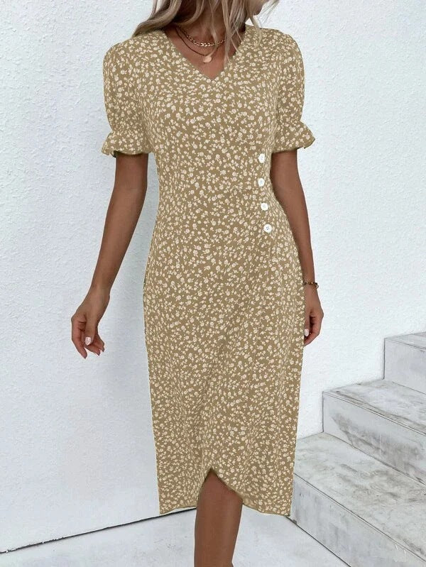 Women’s Fitted V-Neck Midi Dress with Button Detail