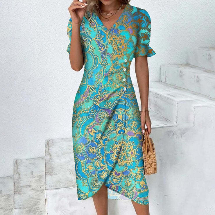 Women’s Fitted V-Neck Midi Dress with Button Detail