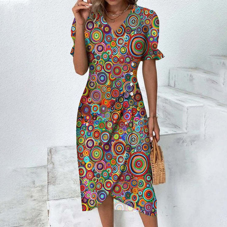 Women’s Fitted V-Neck Midi Dress with Button Detail