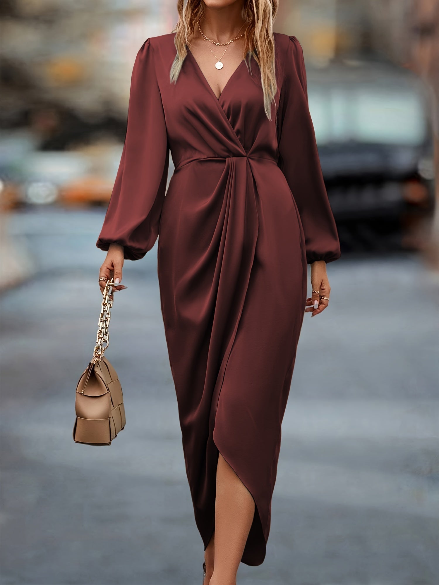 Women’s Elegant Draped Satin Midi Dress