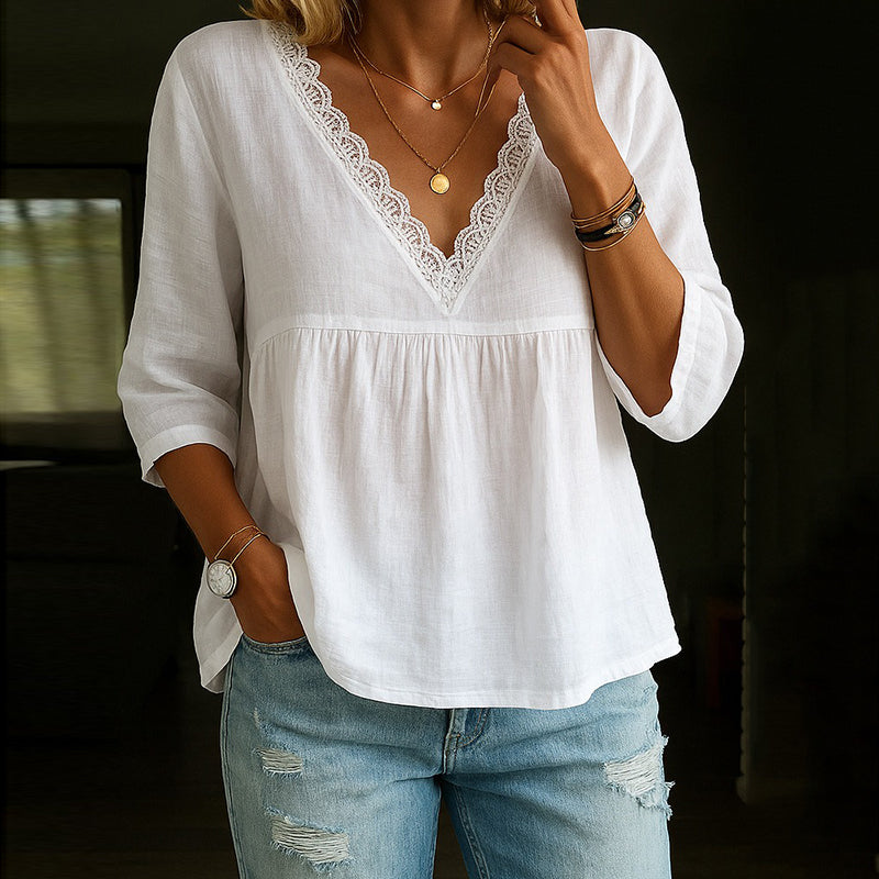Women’s White V-Neck Blouse with Lace Trim