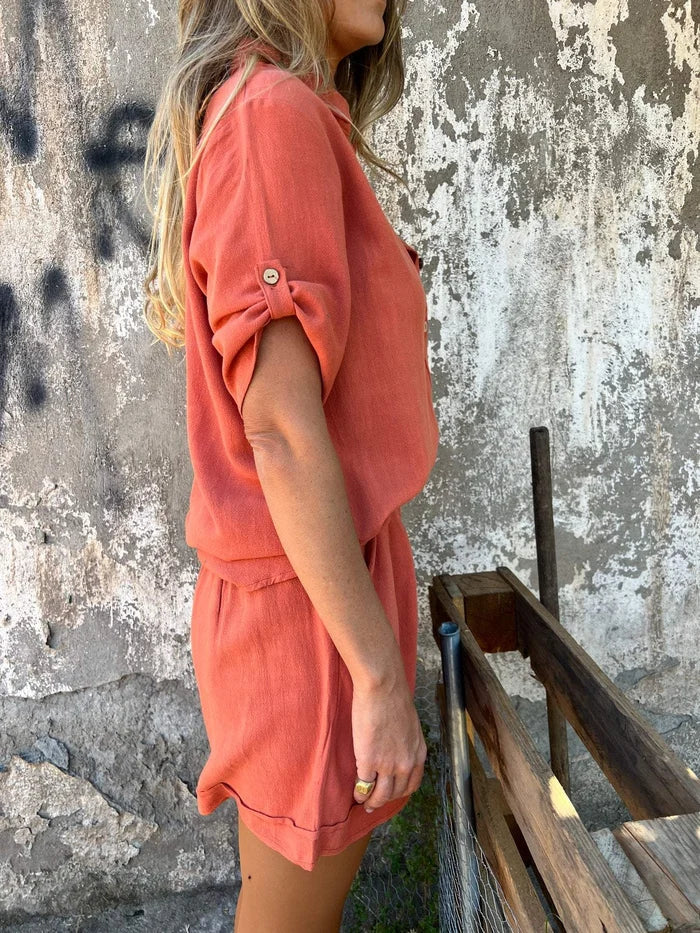 Women’s Casual Summer Set – Button-Front Shirt & High-Waisted Shorts