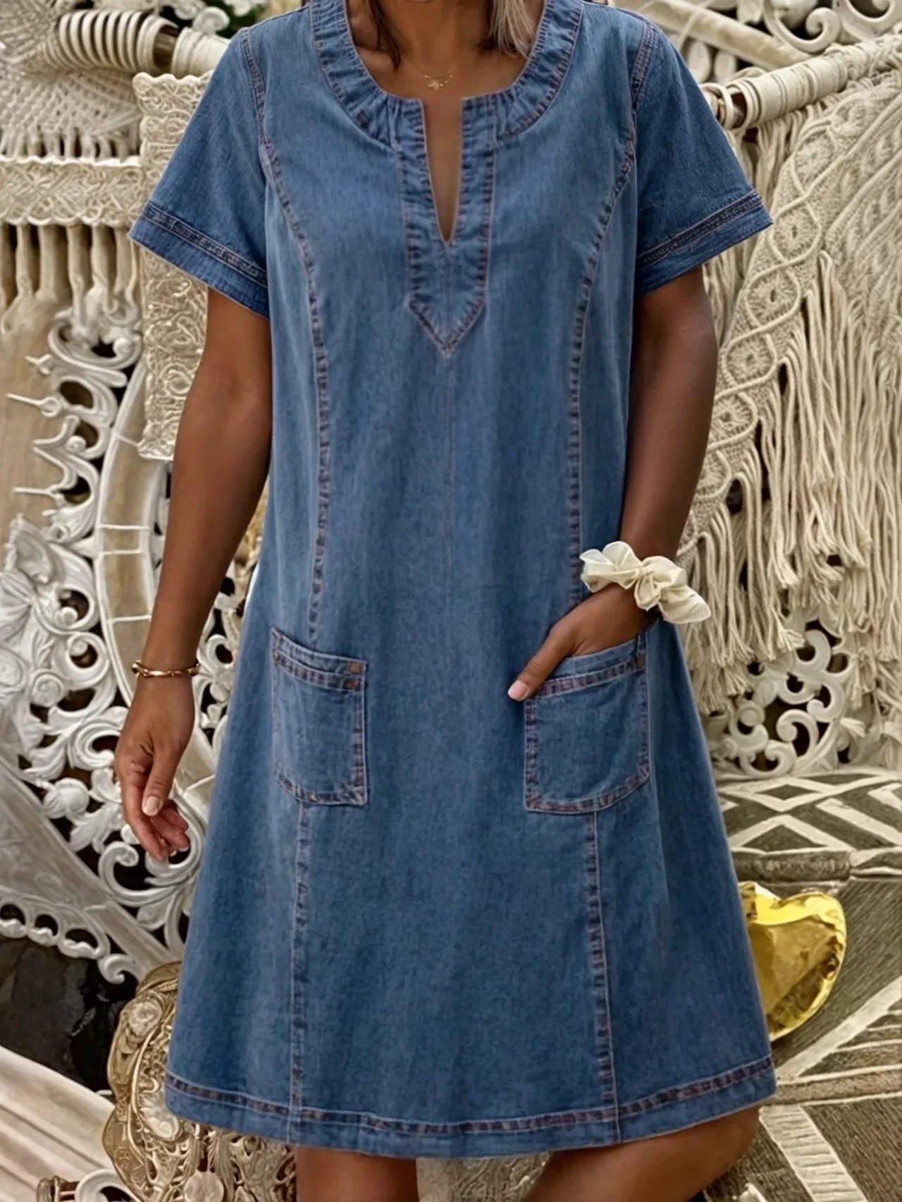Women’s Denim Shift Dress with Short Sleeves