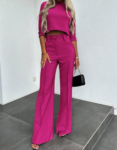 Women’s Fall Two-Piece Set – Fitted Crop Top & High-Waist Flared Pants