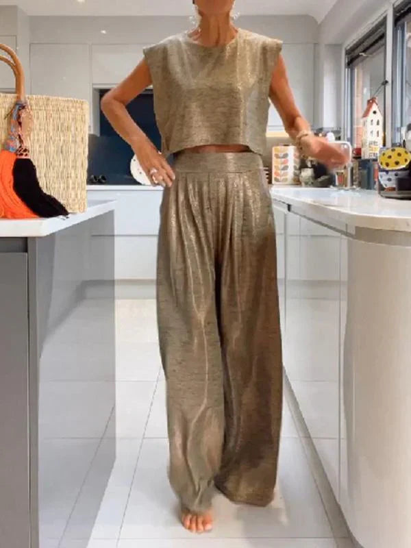 Women’s Summer Party Set – Shimmery Crop Top & Wide-Leg Pants