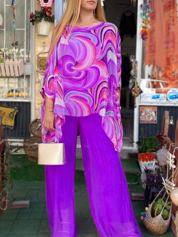 Women’s Boho Summer Set – Printed Kaftan Top & heer Wide-Leg Pants