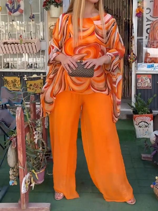 Women’s Boho Summer Set – Printed Kaftan Top & heer Wide-Leg Pants