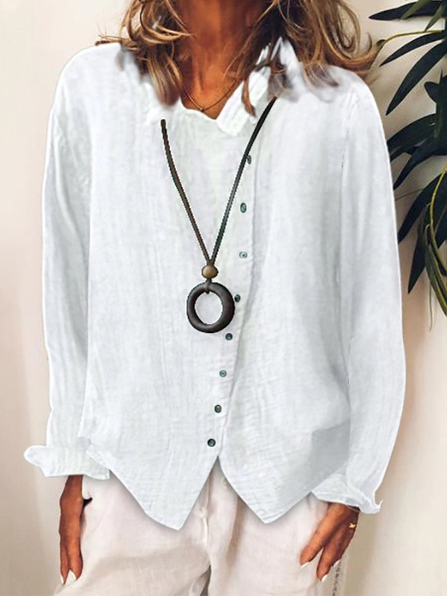 Women’s Casual Linen Button-Up Blouse with Long Sleeves