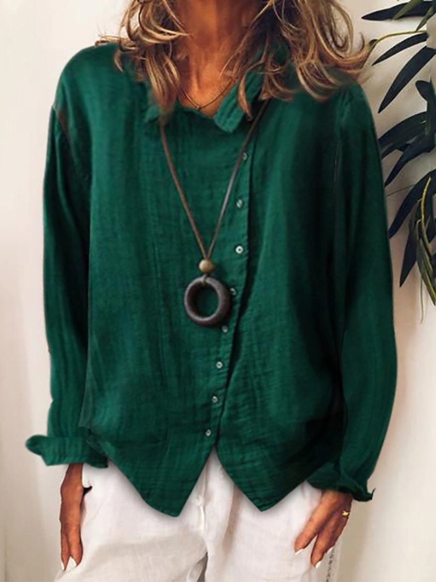 Women’s Casual Linen Button-Up Blouse with Long Sleeves