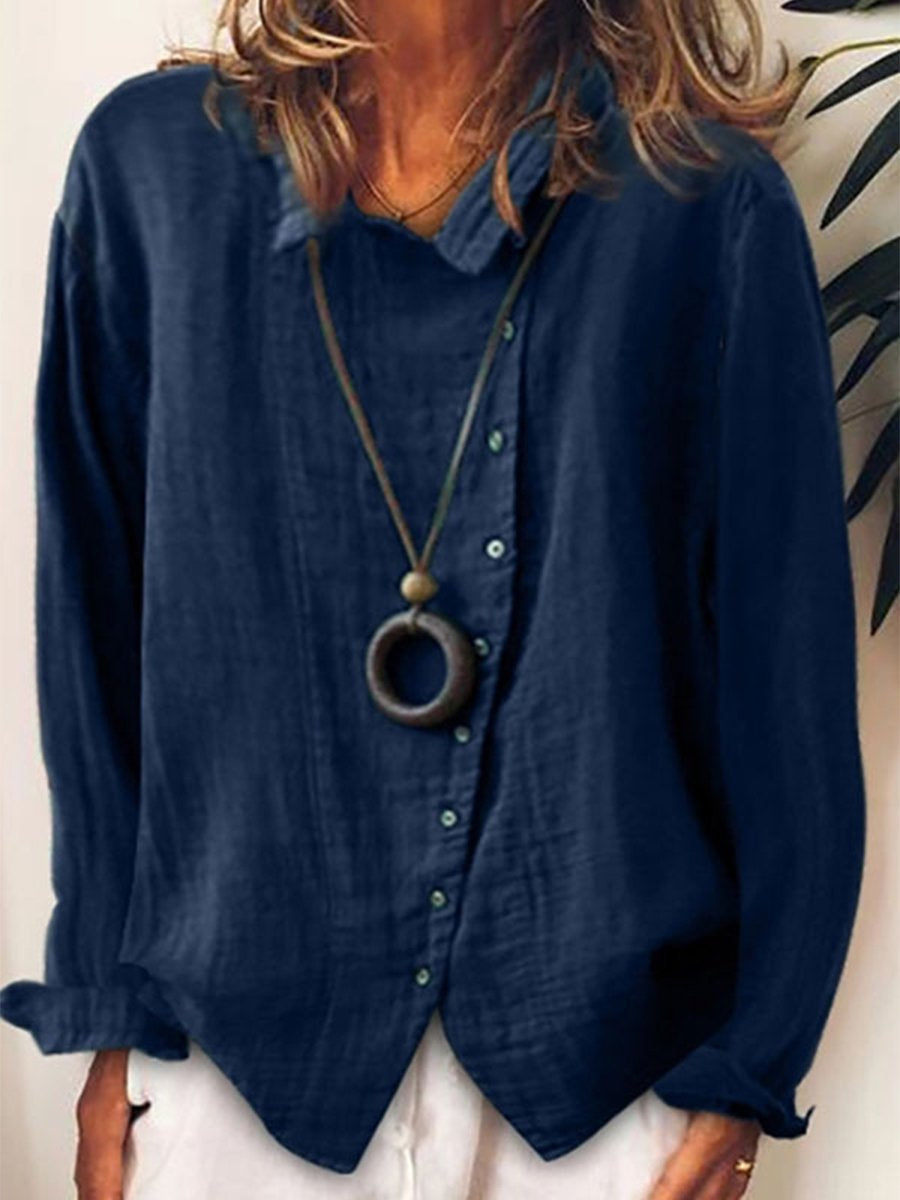 Women’s Casual Linen Button-Up Blouse with Long Sleeves