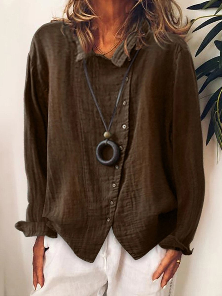 Women’s Casual Linen Button-Up Blouse with Long Sleeves